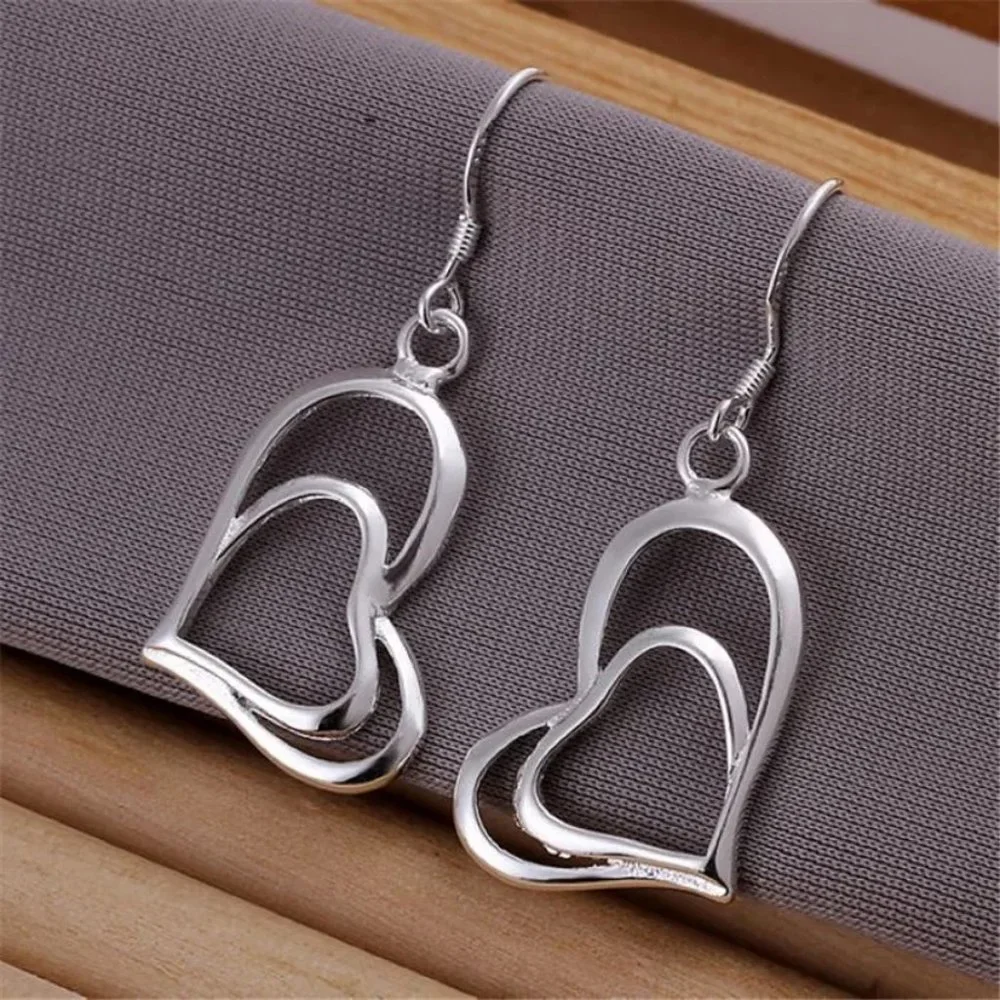 Cute Sterling Silver Double Heart's Drop Earrings " Hypoallergenic " - Picture 3 of 3
